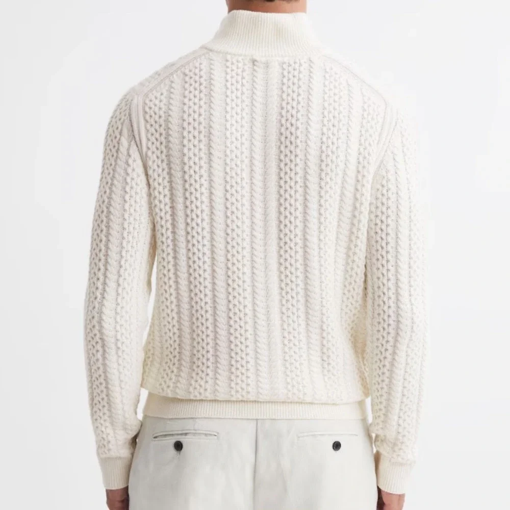Reiss Bantham Men Med Off-White Cable Knit 1/4 Zip Sweater Wool Blend in Ecru